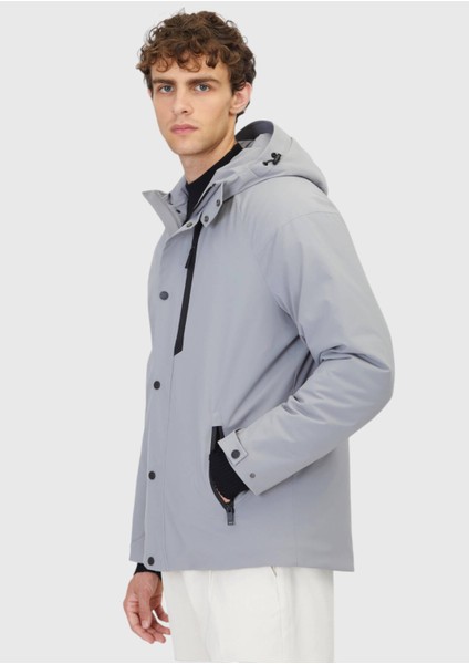 Açık Gri Regular Fit Kapüşonlu Casual Dokuma Mont