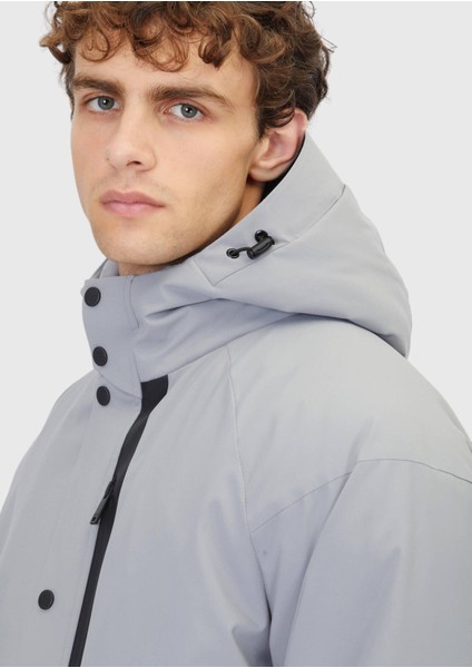 Açık Gri Regular Fit Kapüşonlu Casual Dokuma Mont