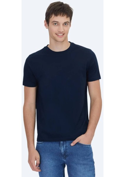 Lacivert Düz Bisiklet Yaka %100 Pamuk T-Shirt