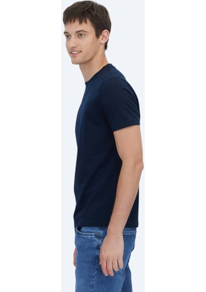 Lacivert Düz Bisiklet Yaka %100 Pamuk T-Shirt