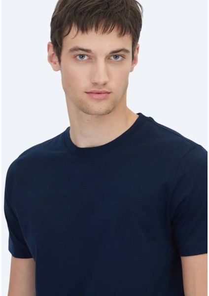 Lacivert Düz Bisiklet Yaka %100 Pamuk T-Shirt