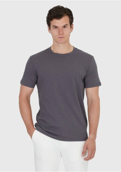 Antrasit Düz Bisiklet Yaka %100 Pamuk T-Shirt indirimleri