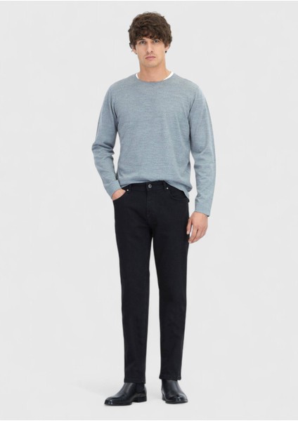 Siyah Düz Slim Fit Denim Pamuk Karışımlı Pantolon