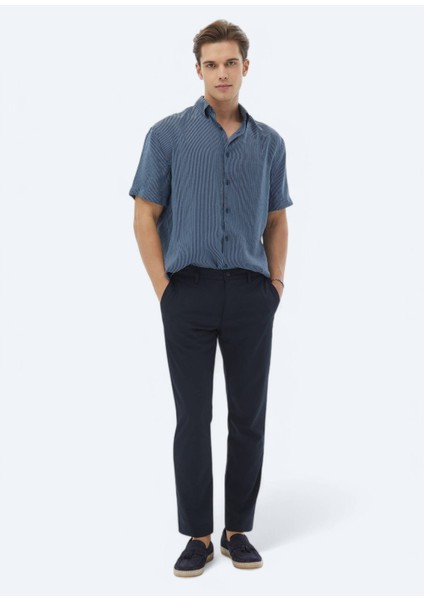 Koyu Mavi Çizgili Oversize Fit Dokuma Casual Gömlek