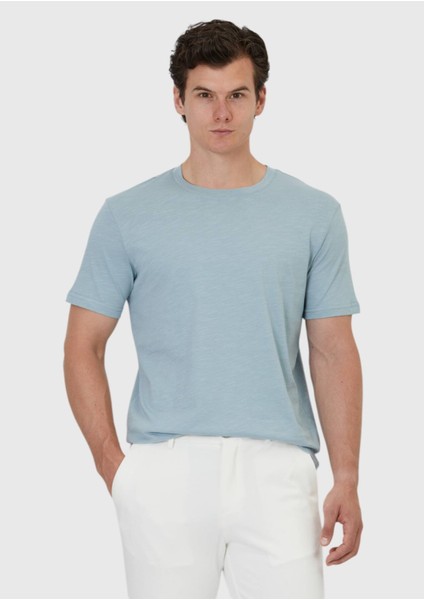 Mavi Düz Bisiklet Yaka %100 Pamuk T-Shirt