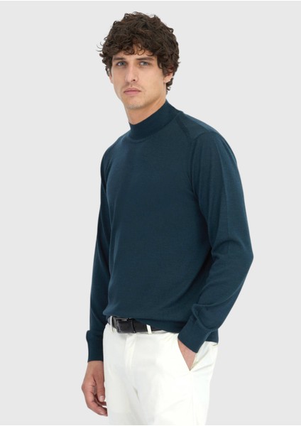 Petrol Bato Yaka Düz Örgü Yün Karışımlı Triko Kazak