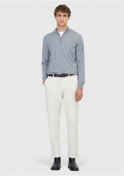 Açık Gri Yarım Balıkçı Yaka Düz Örgü Yün Karışımlı Triko Kazak