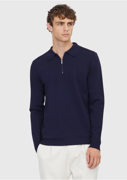 Lacivert Polo Yaka Düz Örgü Triko Kazak