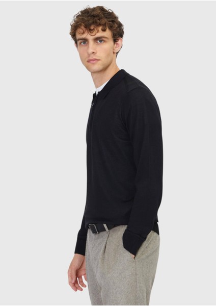 Siyah Polo Yaka Düz Örgü Yün Karışımlı Triko Kazak
