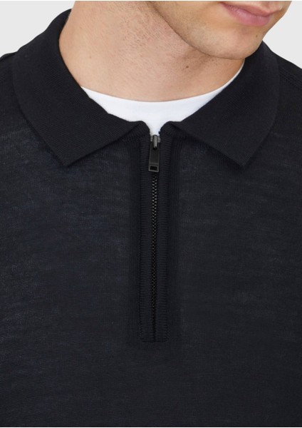 Siyah Polo Yaka Düz Örgü Yün Karışımlı Triko Kazak