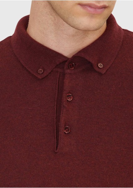 Bordo Polo Yaka Düz Örgü Yün Karışımlı Triko Kazak