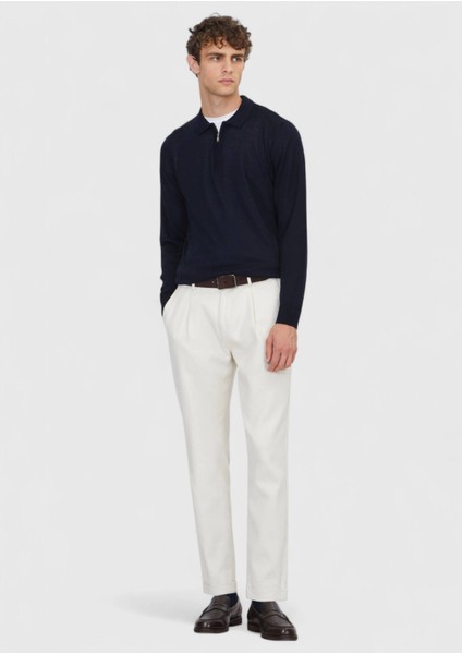 Lacivert Polo Yaka Düz Örgü Yün Karışımlı Triko Kazak