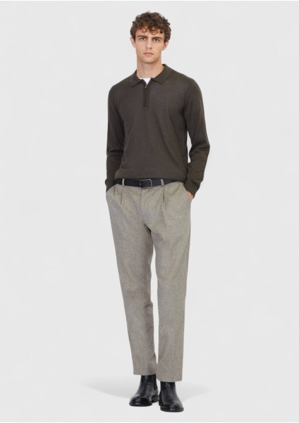 Haki Polo Yaka Düz Örgü Yün Karışımlı Triko Kazak