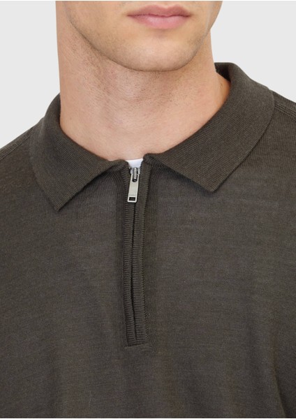 Haki Polo Yaka Düz Örgü Yün Karışımlı Triko Kazak