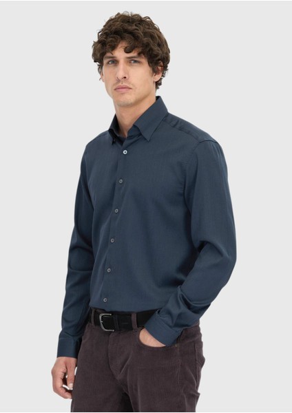Antrasit Düz Casual Fit Dokuma Casual Ipek Karışımlı Gömlek