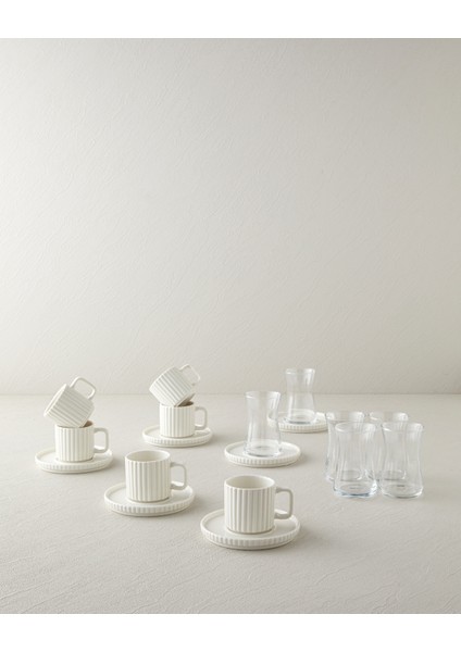 Lunara Porselen 18 Parça 6 Kişilik Çay-Kahve Takımı 170-90 ml Beyaz