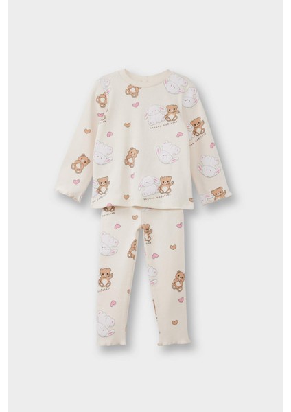 Kız Bebek Pijama Takımı Ayı Baskılı Uzun Kollu Fitilli Kaşkorse Üst Uzun Alt F7537A525AU