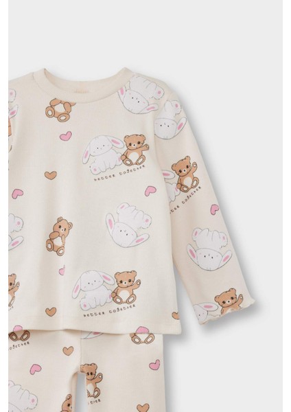 Kız Bebek Pijama Takımı Ayı Baskılı Uzun Kollu Fitilli Kaşkorse Üst Uzun Alt F7537A525AU modelleri