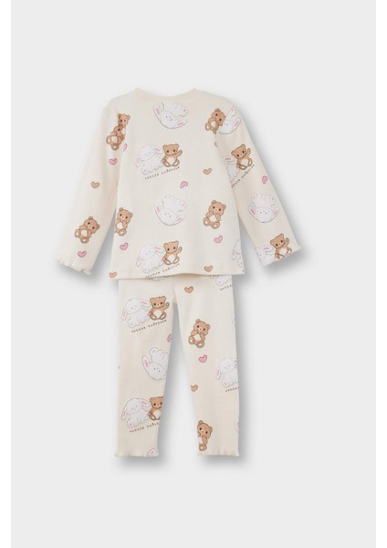 Kız Bebek Pijama Takımı Ayı Baskılı Uzun Kollu Fitilli Kaşkorse Üst Uzun Alt F7537A525AU fırsatları