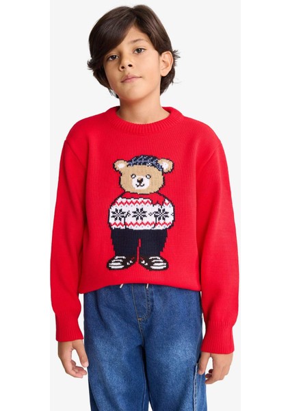 Erkek Çocuk Yılbaşı Temalı Bisiklet Yaka Triko Kazak F9237A825CW