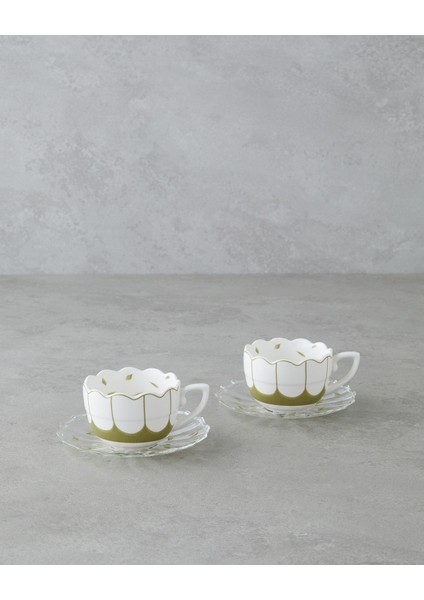 Purepetal New Bone China 4 Parça 2 Kişilik Cam Tabaklı Kahve Fincan Takımı 80 ml Yeşil