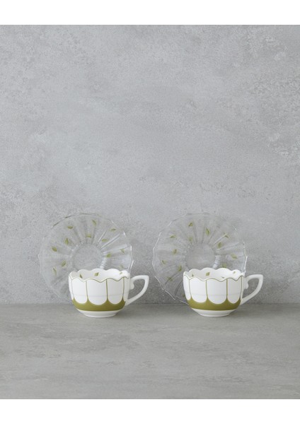 Purepetal New Bone China 4 Parça 2 Kişilik Cam Tabaklı Kahve Fincan Takımı 80 ml Yeşil fiyatları