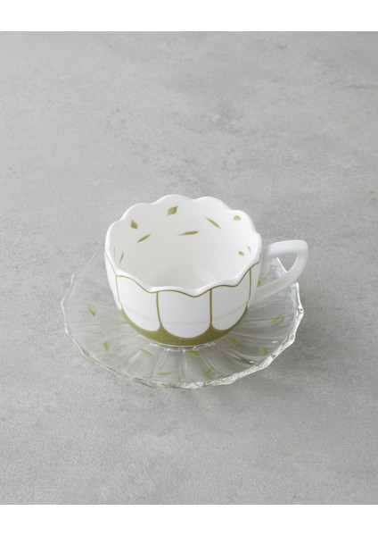 Purepetal New Bone China 4 Parça 2 Kişilik Cam Tabaklı Kahve Fincan Takımı 80 ml Yeşil modelleri