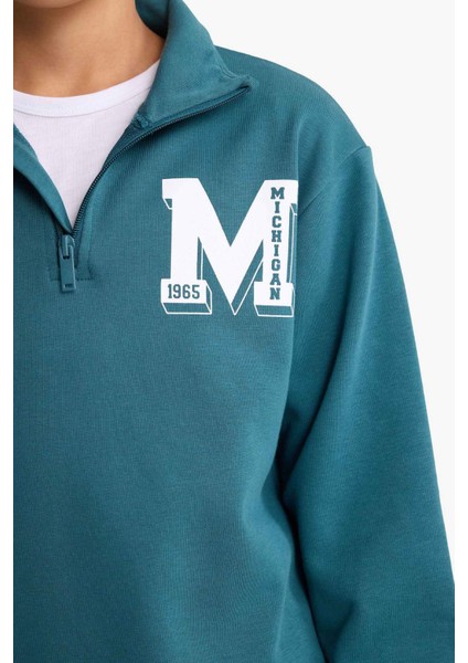 Erkek Çocuk 2'li Takım Yarım Fermuarlı Baskılı Sweatshirt Eşofman Altı F7088A825WN