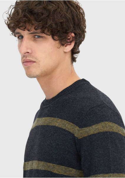 Antrasit Bisiklet Yaka Çizgili Yün Karışımlı Triko Kazak