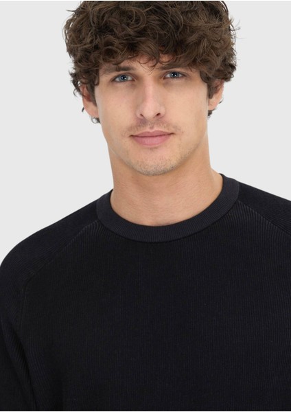 Siyah Bisiklet Yaka Selanik %100 Pamuk Triko Kazak