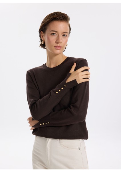 Bisiklet Yaka Basic Düz Koyu Kahve Kazak Kadın Pagosa