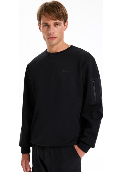 Bisiklet Yaka Düz Siyah Erkek Sweatshırt J5WM-SWT7390