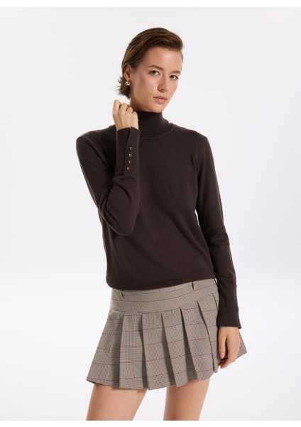 Balıkçı Yaka Basic Düz Koyu Kahve Kazak Kadın Rezza