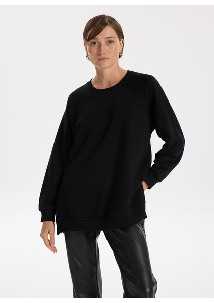 Bisiklet Yaka Düz Siyah Kadın Sweatshırt Falu-Y