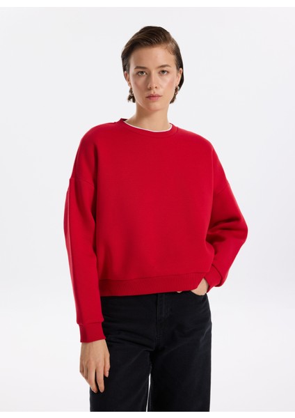 Bisiklet Yaka Düz Kırmızı Kadın Sweatshırt Ravello-Y