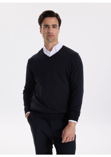 V Yaka Basic Düz Lacivert Erkek Kazak F5WM-KZK 2557