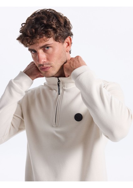 D5WM-SWT3941 Bej Dik Yaka Relaxed Düz Erkek Sweatshırt