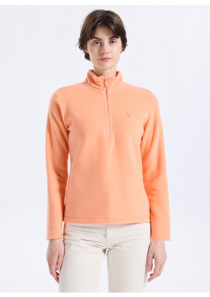 D5WL-SWT3302 Somon Fermuarlı Yaka Basic Düz Kadın Polar Sweatshırt