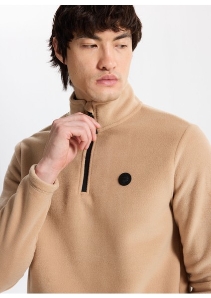 D5WM-SWT3300 Bej Fermuarlı Yaka Basic Düz Erkek Polar Sweatshırt