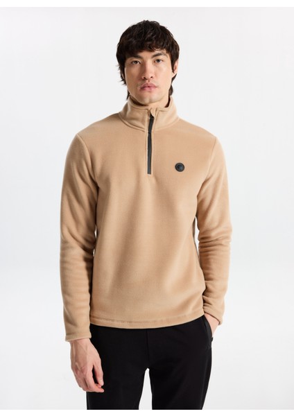 D5WM-SWT3300 Bej Fermuarlı Yaka Basic Düz Erkek Polar Sweatshırt modelleri