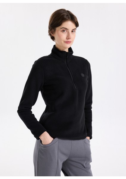 D5WL-SWT3302 Siyah Fermuarlı Yaka Basic Düz Kadın Polar Sweatshırt