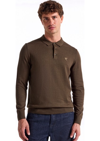 Polo Yaka Basic Düz Haki Melanj Erkek Kazak F5WM-KZK 2553