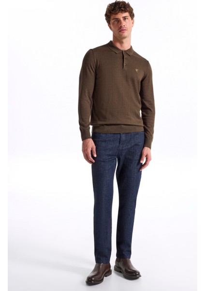 Polo Yaka Basic Düz Haki Melanj Erkek Kazak F5WM-KZK 2553 modelleri