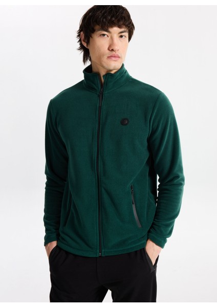 D5WM-SWT3301 Koyu Yeşil Dik Yaka Basic Düz Erkek Polar Sweatshırt