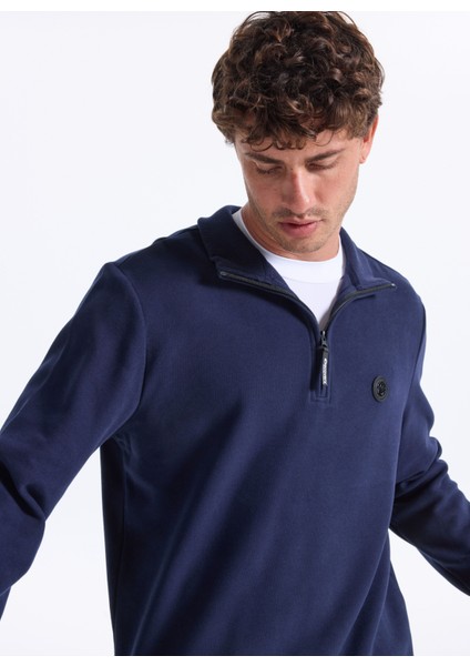 D5WM-SWT3941 Lacivert Dik Yaka Relaxed Düz Erkek Sweatshırt