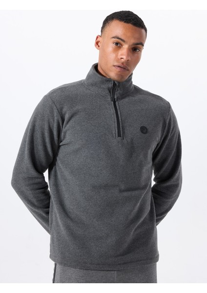 D5WM-SWT3300 Antrasit Melanj Fermuarlı Yaka Basic Düz Erkek Polar Sweatshırt