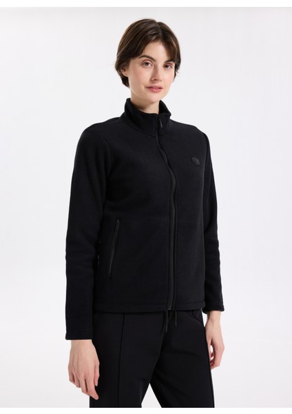 D5WL-SWT3303 Siyah Dik Yaka Basic Düz Kadın Polar Sweatshırt