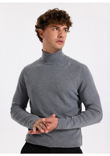 Tam Balıkçı Yaka Slim Fit Düz Gri Melanj Erkek Kazak F5WM-KZK 2524