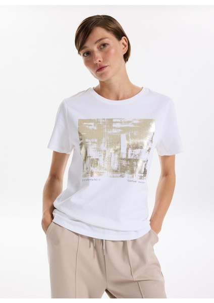 Bisiklet Yaka Varaklı Beyaz Kadın T-Shirt F5WL-TST0238