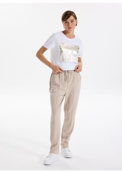 Bisiklet Yaka Varaklı Beyaz Kadın T-Shirt F5WL-TST0238 fırsatları